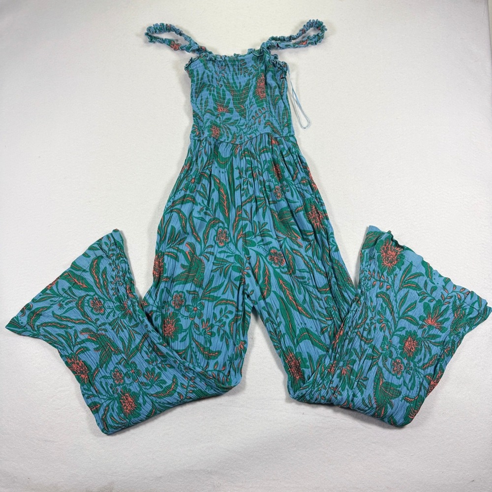 Patrons of Peace Floral Jumpsuit XS Blue Green Flare Leg Smocked Festival Pocket